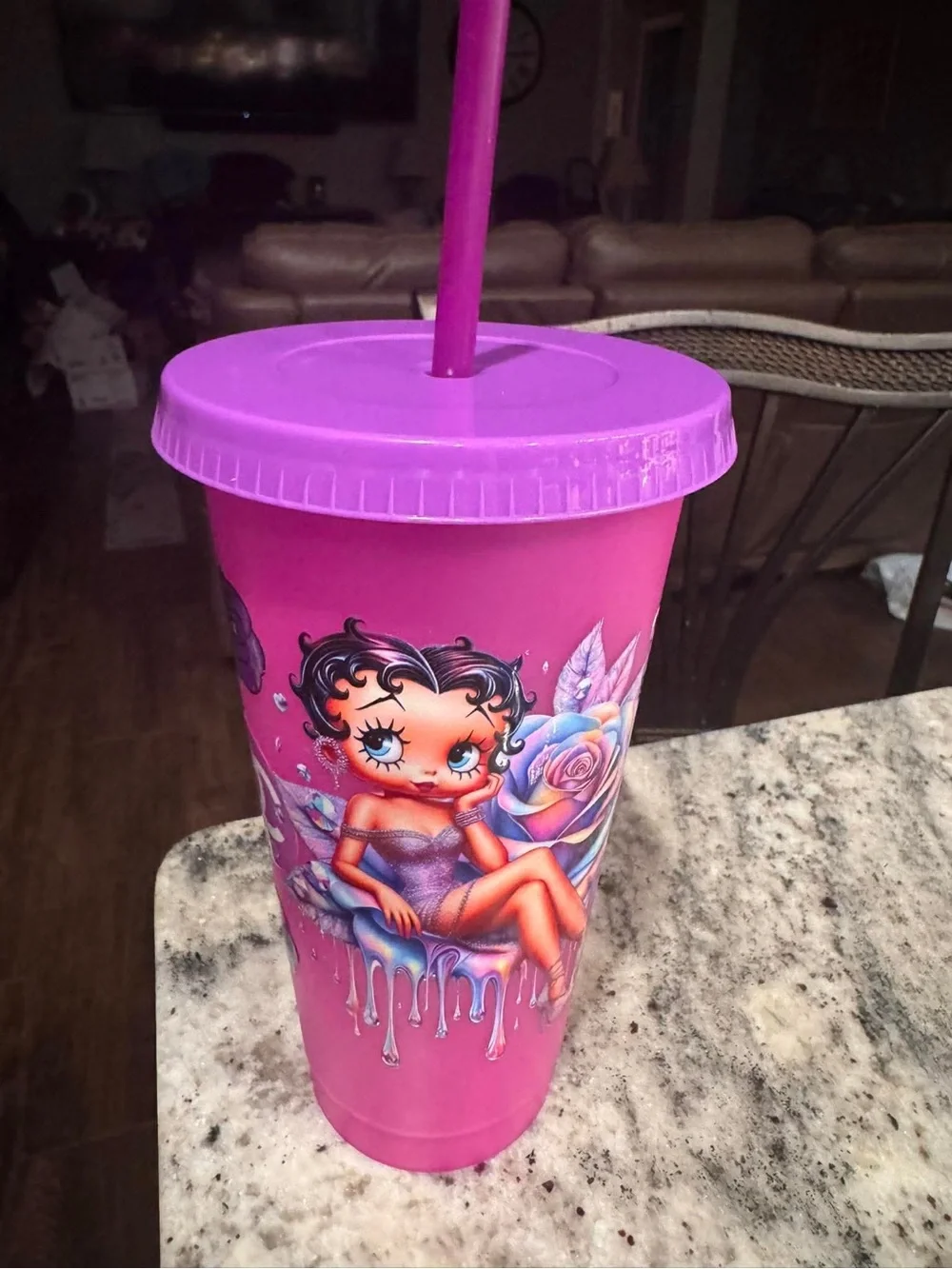 Betty Boop Pink and Purple Color-Changing Plastic Tumbler with Lid and Straw - Picture 2 of 5